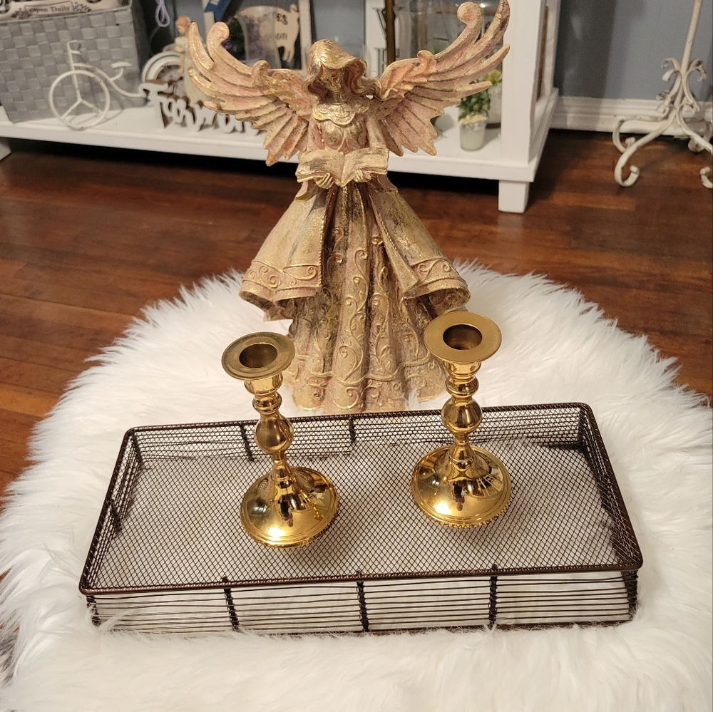 Vintage Shiny Gold Brass Set Of Two 5.5" Candlestick Holder Made in India